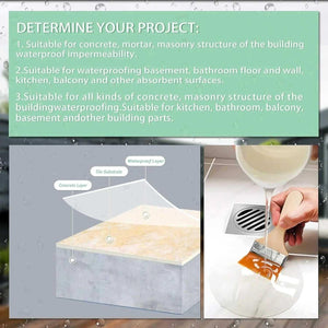 Waterproofing solution being applied to tiled floor near drain, concrete cross-section diagram.