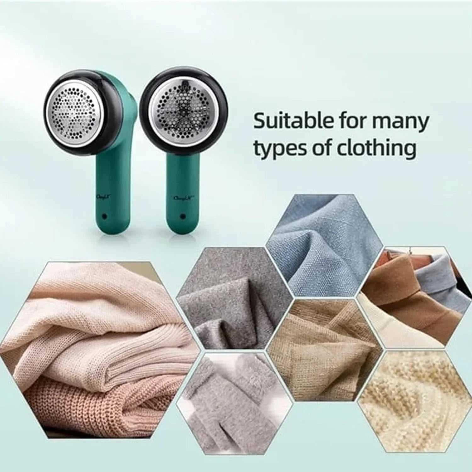 Fabric shaver lint remover for clothing, shown with various fabric types and textures.