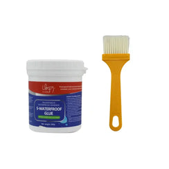 Transparent waterproof glue 300g container with label and yellow brush on white background