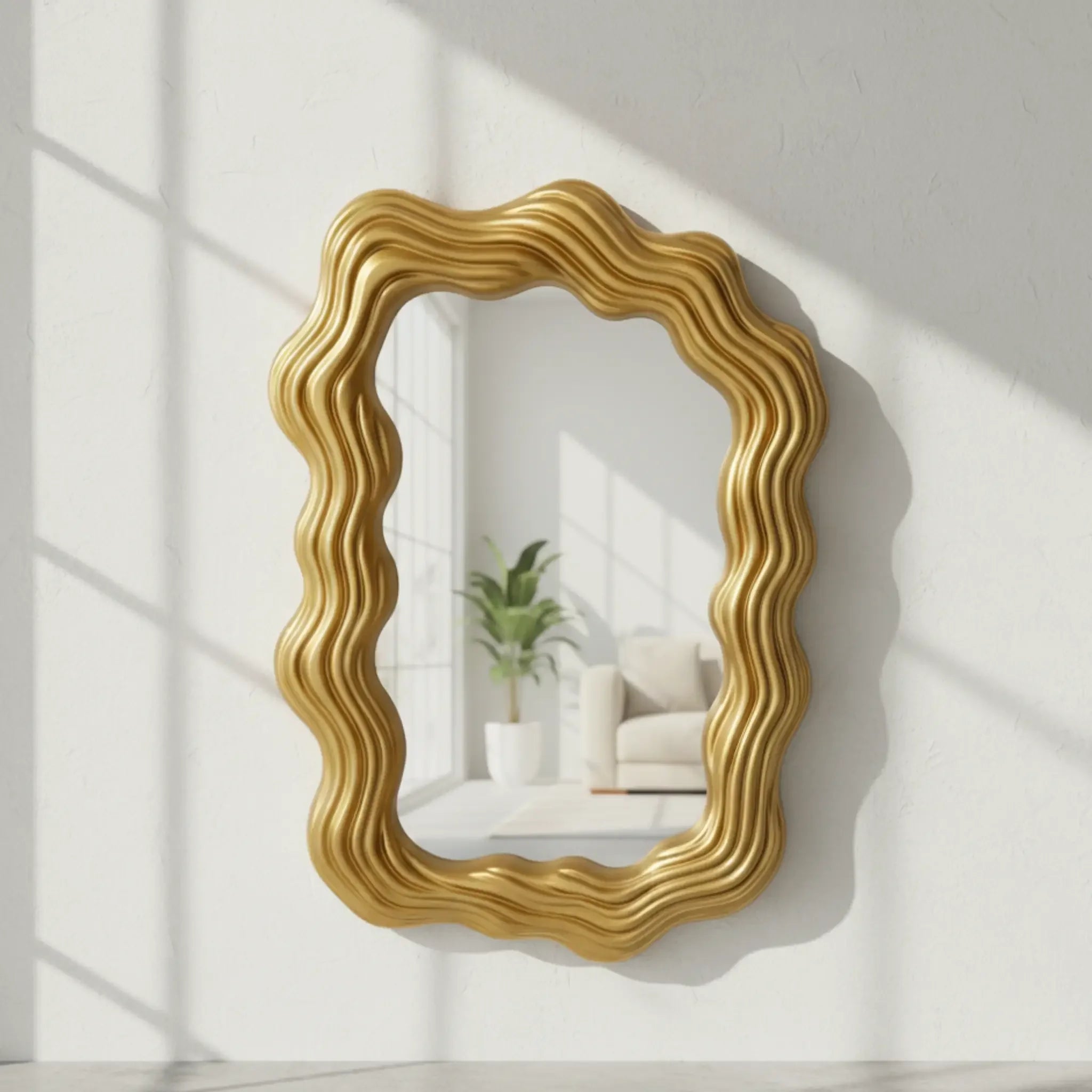 Wavy Rectangle Wall Mirror – Modern Gold Design - Shoplex