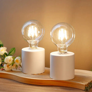 Minimalist White Battery - Operated Table Lamp Exposed Bulb Set - Shoplex