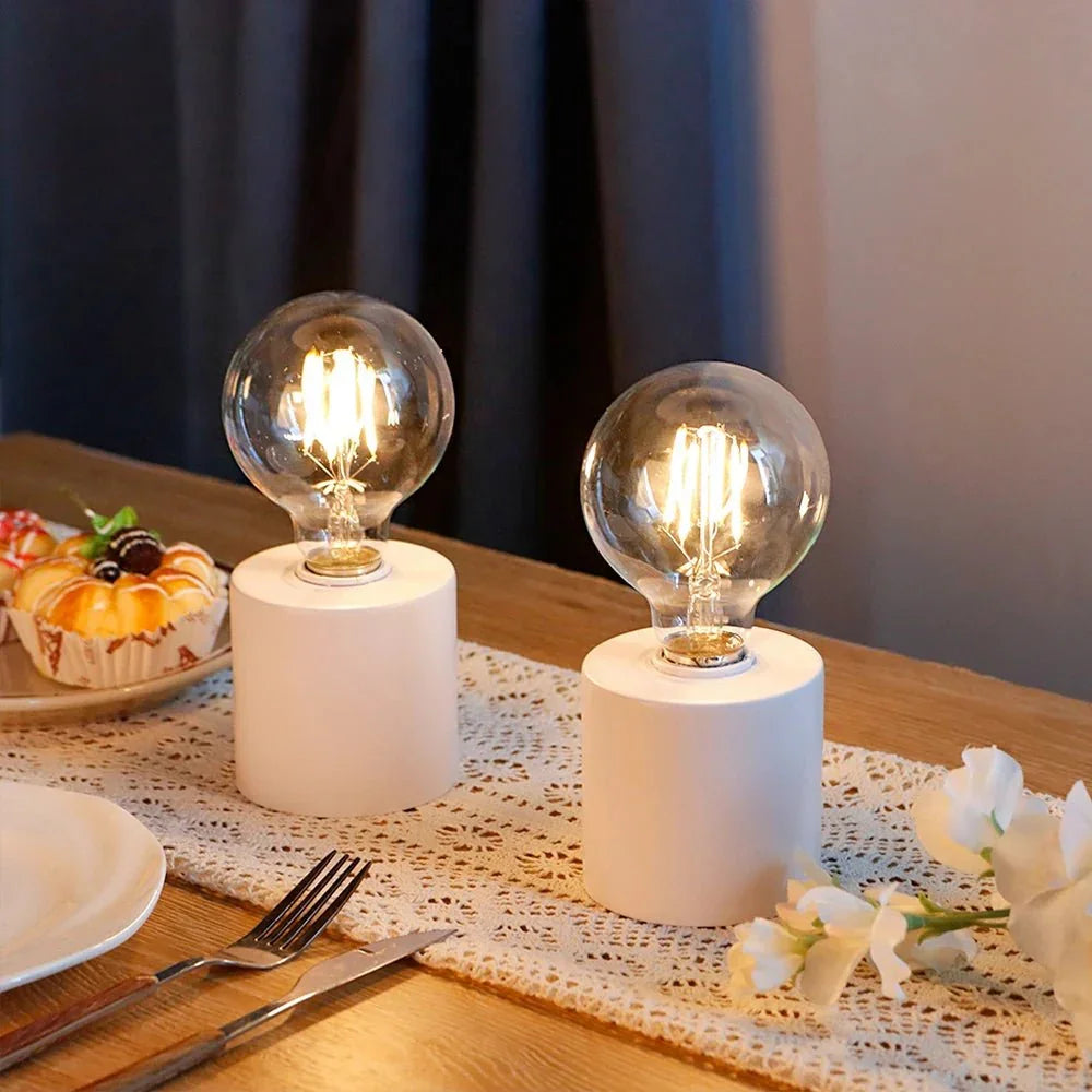 Minimalist White Battery - Operated Table Lamp Exposed Bulb Set - Shoplex