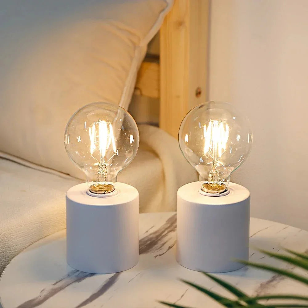 Minimalist White Battery - Operated Table Lamp Exposed Bulb Set - Shoplex