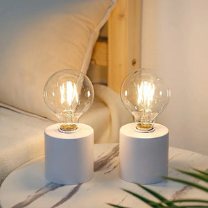 Minimalist White Battery - Operated Table Lamp Exposed Bulb Set - Shoplex