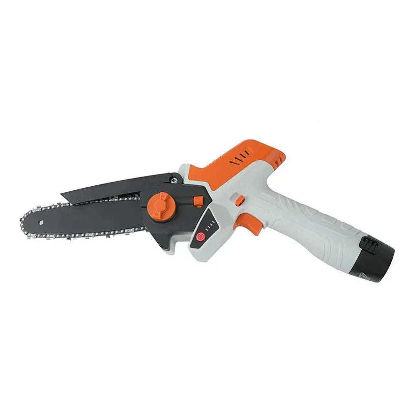 Cordless mini chainsaw with orange and white handle on white background