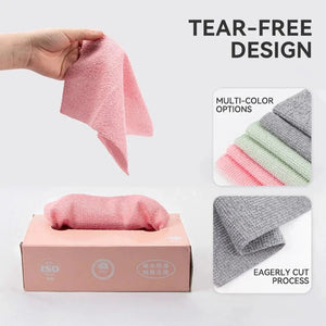 Pink tear-free microfiber towel pulled from box, with multi-color cleaning cloth options shown.