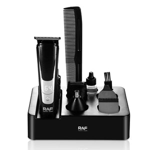 RAF electric hair trimmer grooming kit with attachments, comb, and cleaning brush on stand