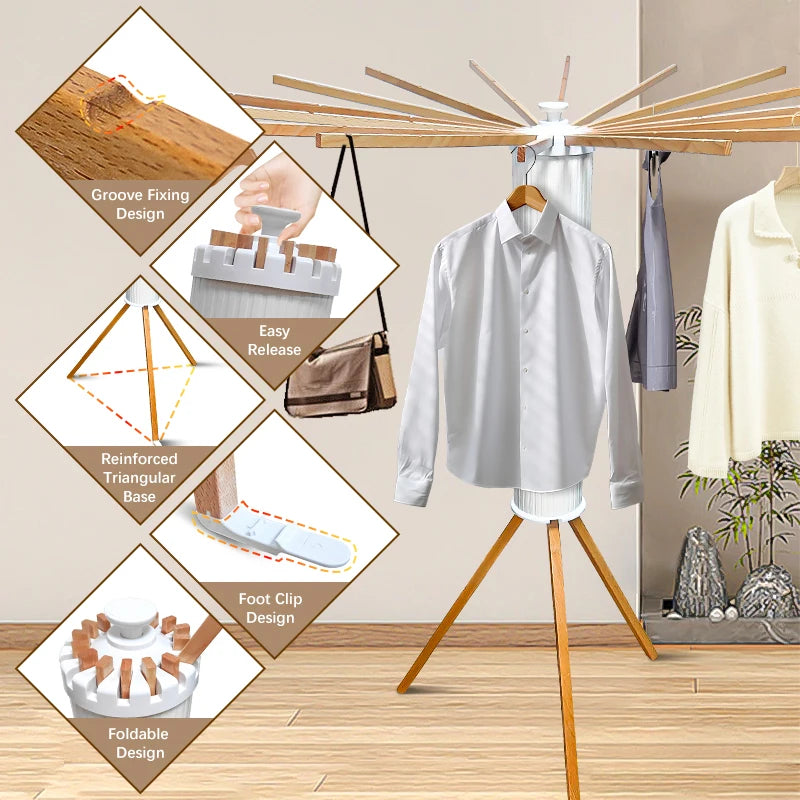 Foldable 16-Rod Wooden and Metal Clothes Drying Rack Stand