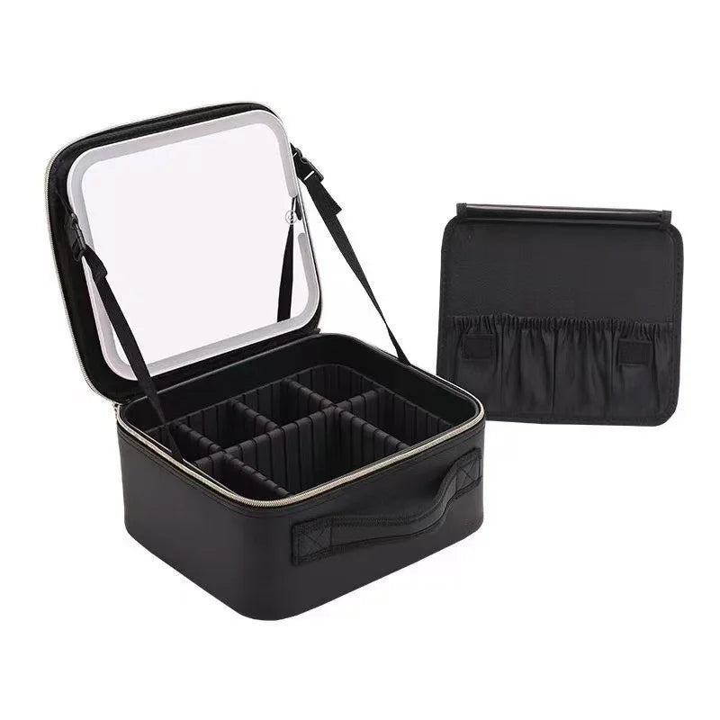 Portable Travel Makeup Organizer Case with LED Mirror and Detachable Pouch - product view 6 - Shoplex