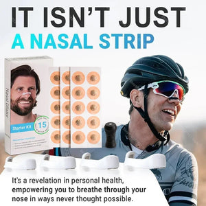 Cyclist wearing sports sunglasses next to nasal dilator starter kit and breathing aids