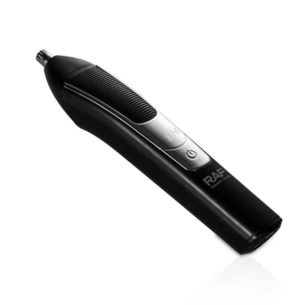 Black RAF electric nose hair trimmer with power button and display on white background