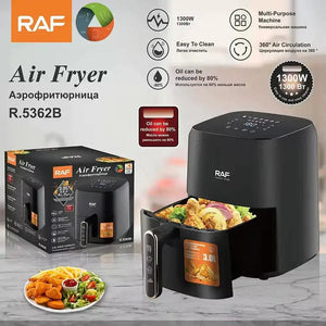 RAF air fryer R.5362B with digital display, food basket, product box, and fried meal on counter