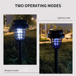 Outdoor solar bug zapper lamp showing mosquito and lighting modes at night on grass.