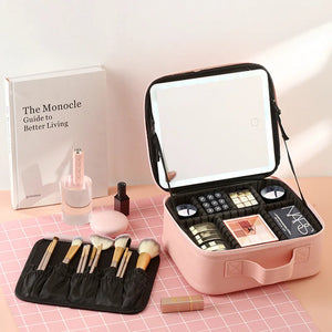 Portable Travel Makeup Organizer Case with LED Mirror and Detachable Pouch - Shoplex