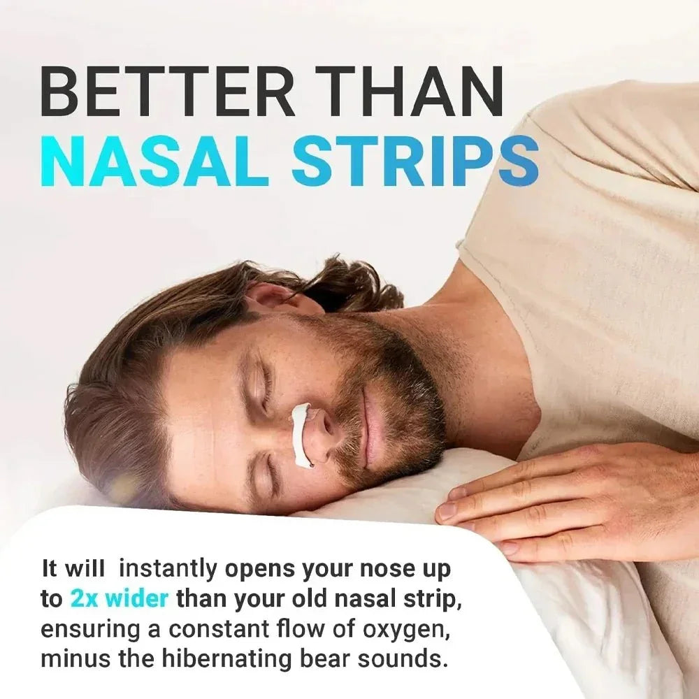 Man sleeping with nasal insert for snoring relief, text promotes better alternative to nasal strips