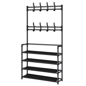 Foldable Metal Coat Rack with Shelves Hooks and Shoe Storage