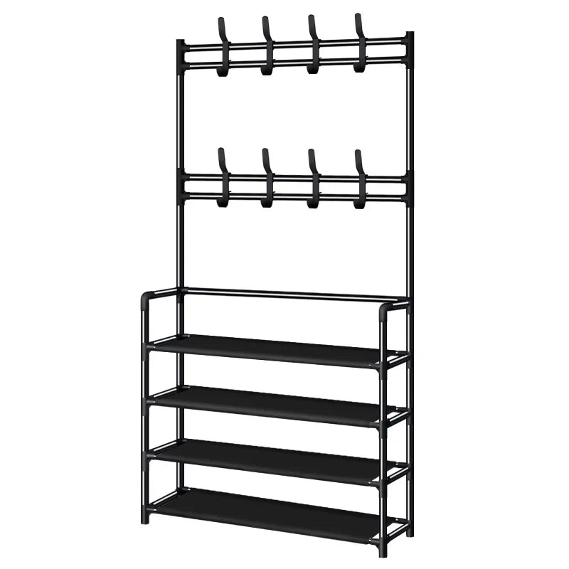 Foldable Metal Coat Rack with Shelves Hooks and Shoe Storage