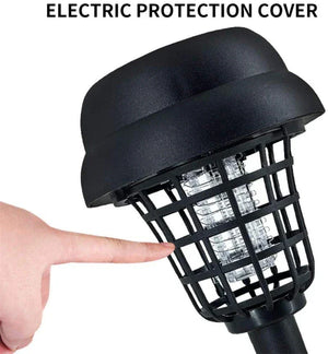 Hand touching black electric insect zapper with protective cover and LED lights