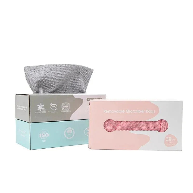 Removable microfiber rags in pink and gray, boxed for cleaning and dusting.