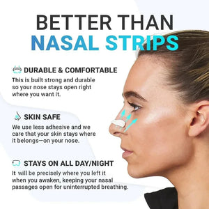 Woman wearing nasal device for breathing, text highlights comfort, skin safety, and all-day use.