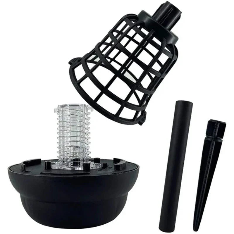 Black garden mole repeller with cage cover, spike, and tube on white background