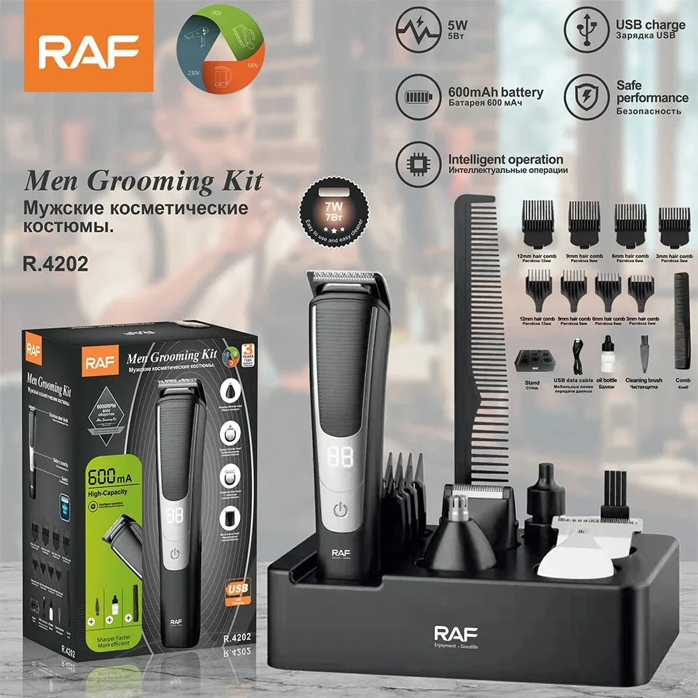 RAF men grooming kit with trimmer, attachments, combs, and box on marble surface