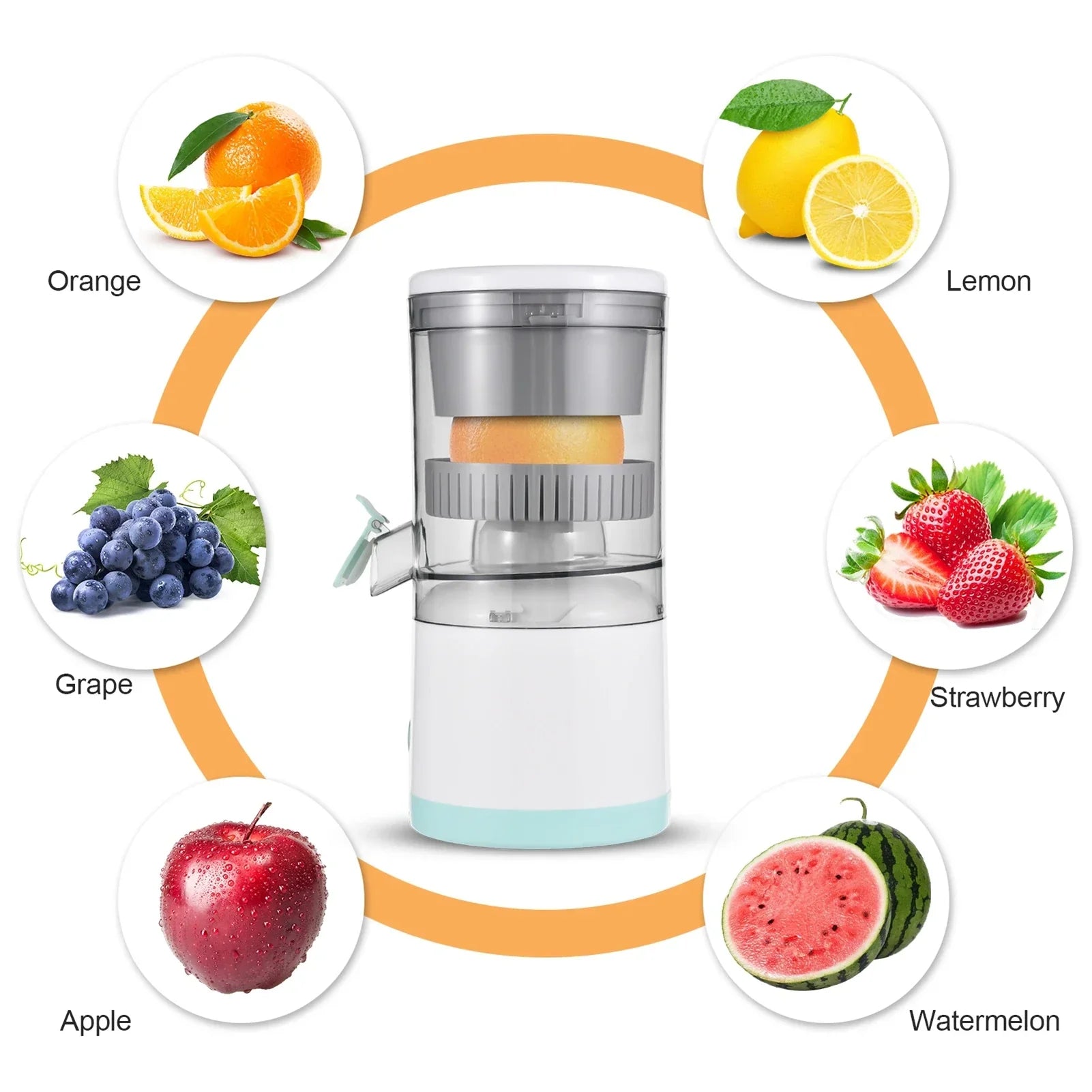 Electric juicer with orange, lemon, strawberry, grape, apple, and watermelon icons