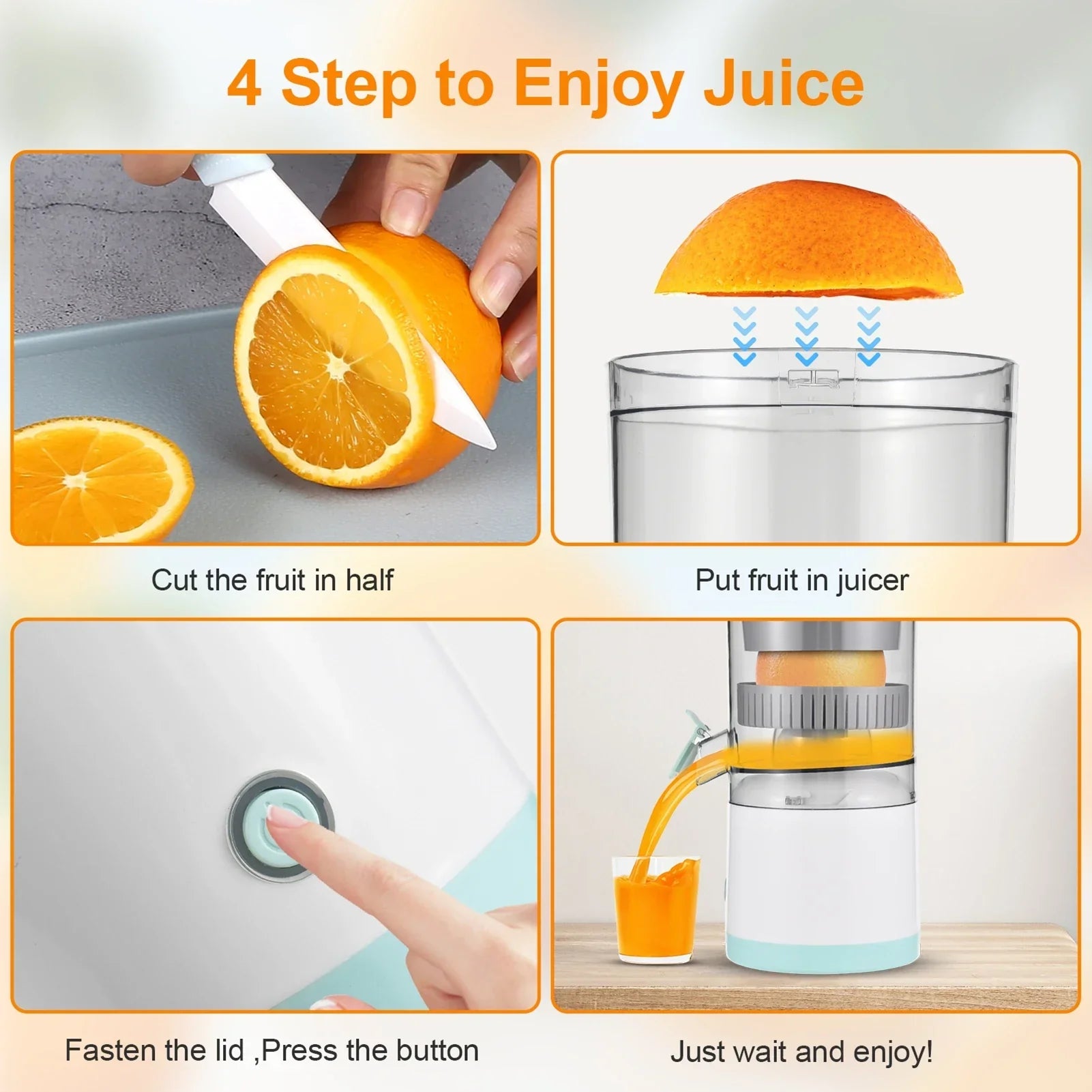 Step-by-step guide showing how to use an electric juicer for fresh orange juice