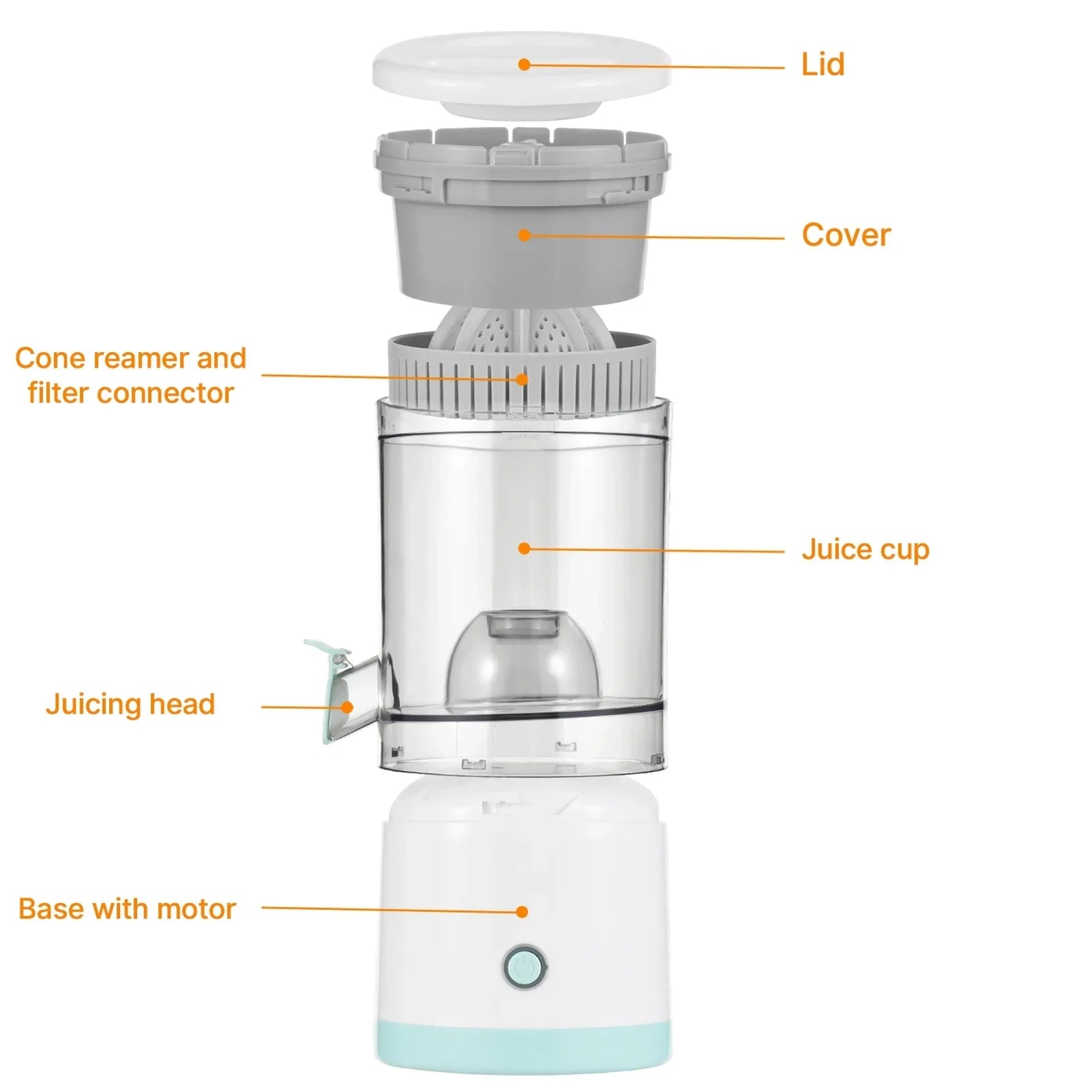 Electric juicer parts labeled: lid, cover, cone reamer, filter, juice cup, juicing head, base with motor