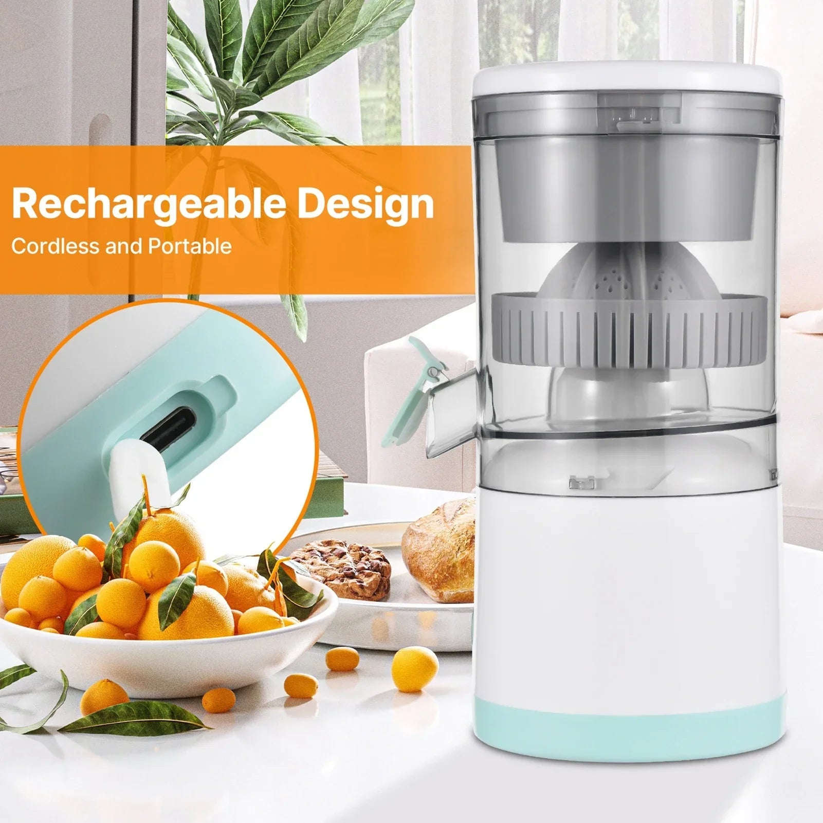 Rechargeable cordless citrus juicer on a kitchen table with fresh oranges and pastries