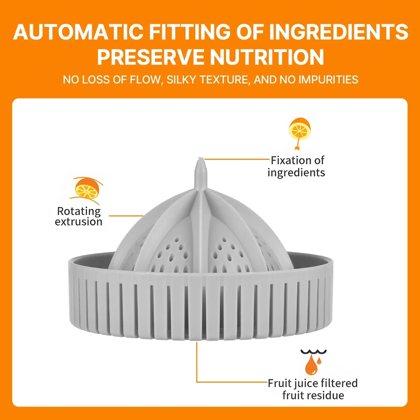 Gray plastic citrus juicer with rotating extrusion and fruit juice filter features shown.