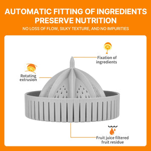 Gray plastic citrus juicer with rotating extrusion and fruit juice filter features shown.