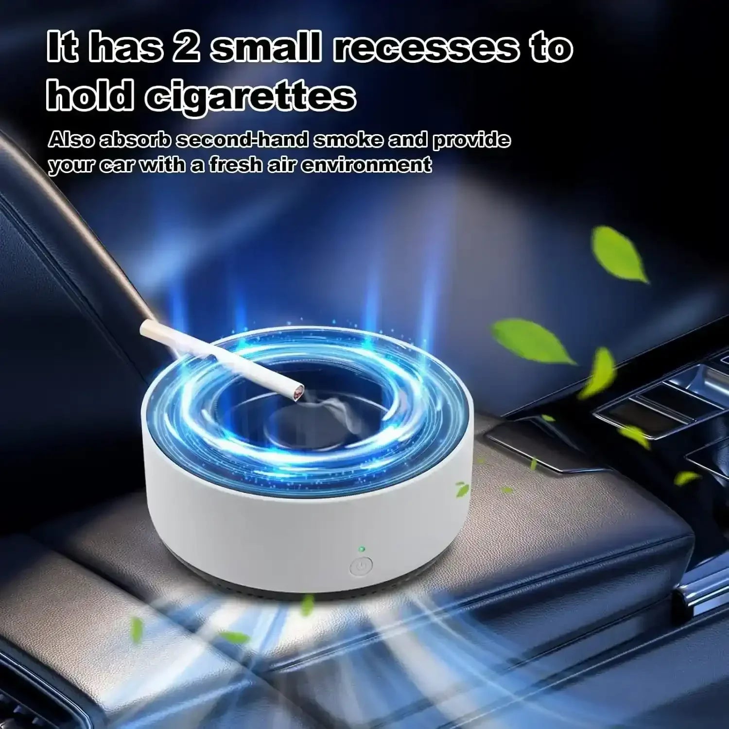 Car air purifier and ashtray with blue light holding a cigarette on a car seat