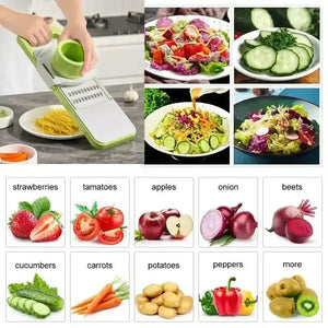 Vegetable slicer cutting cucumbers with images of salads and produce like strawberries, tomatoes, apples, onion, beets, cucumbers, carrots, potatoes, peppers, and kiwis.