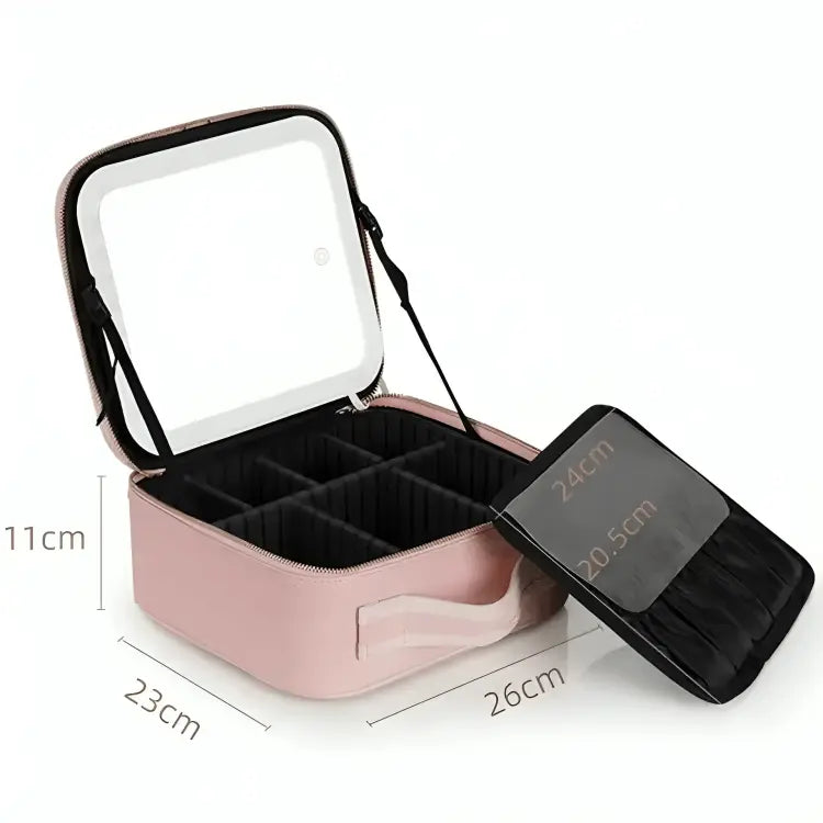 Portable Travel Makeup Organizer Case with LED Mirror and Detachable Pouch - product view 7 - Shoplex