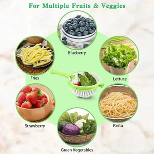 Vegetable strainer with fries, blueberries, lettuce, strawberries, pasta, and green vegetables